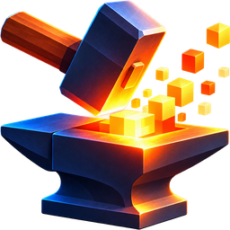 ThePixelForgeDev logo: a hammer striking glowing pixels on an anvil